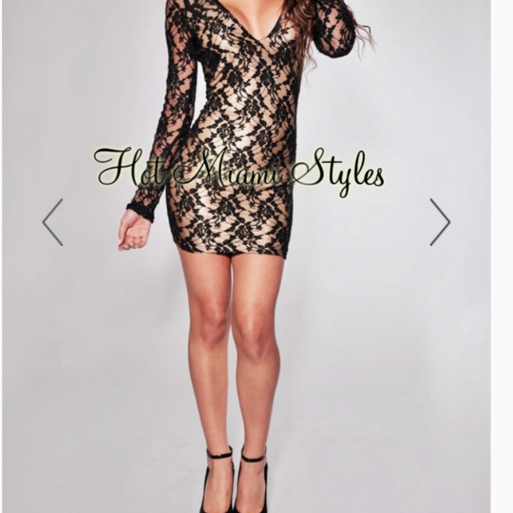 Hot Miami Styles Black Lace Nude Illusion Dress